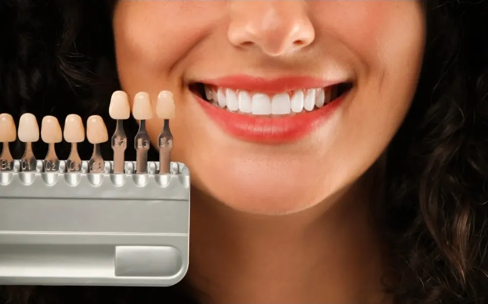 Smiling woman with bright white teeth beside a dental shade guide used to measure whitening results